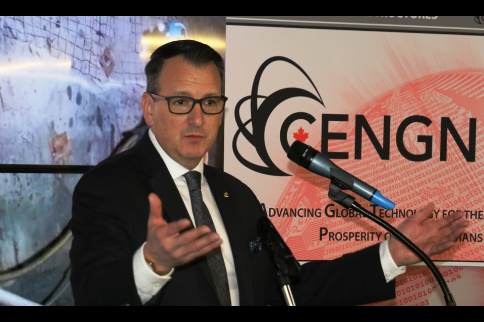 :   Greg Rickford, Ontario’s minister of Energy, Northern Development and Mines, announced a new partnership Thursday that will see research into new digital underground communications. The $1.3 million project will be carried out at the NORCAT Underground Centre in Onaping. (PHOTO: Len Gillis / SMSJ 2020)