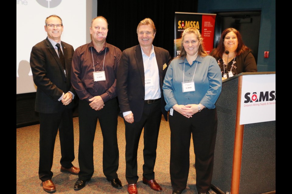 A panel discussion to look at what the mining industry needs in future technology workers was held at the annual general meeting of SAMSSA in Sudbury. Panel members included, from left, Roy Slack, the president of CIM (Canadian Institute of Mining, Metallurgy and Petroleum); Shayne Wisniewski, general manager of mining projects for Glencore’s Sudbury Integrated Nickel Operations; Michael Gribbons, vice-president of sales and marketing at Maestro Digital Mine; Lynn Iturregui, project management for mining at Hatch; and moderator Shannon Katary of Maestro. (Len Gillis photo)