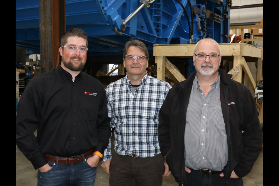 Some key members of the Variant Mining Technologies team in Sudbury involved in the creation of the world’s largest mining chute included, at left, Derek Meloche, the manager of business development and sales; Stephen Scott, manager of projects and Paul Chamberland, Variant’s general manager.