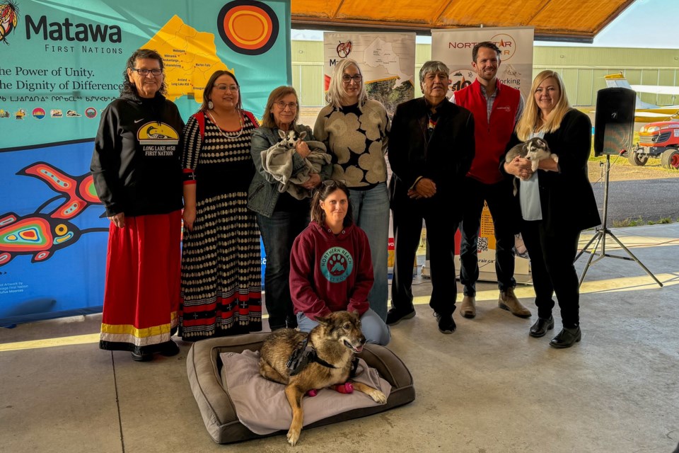 Indigenous Services Minister Patty Hajdu, centre, poses for a group photo after announcing funding for Matawa's Animal Service's Project on Oct. 11, 2024, in Thunder Bay.