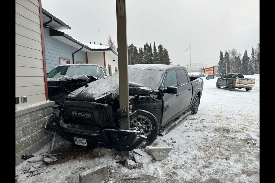 Police say Black Ford F150 hit a black Dodge Ram and the front entrance to the Biigtigong Health Centre on Jan. 24, 2024.