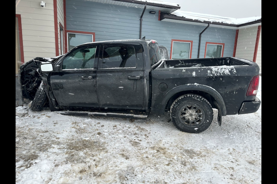 Police say Black Ford F150 hit a black Dodge Ram and the front entrance to the Biigtigong Health Centre on Jan. 24, 2024.