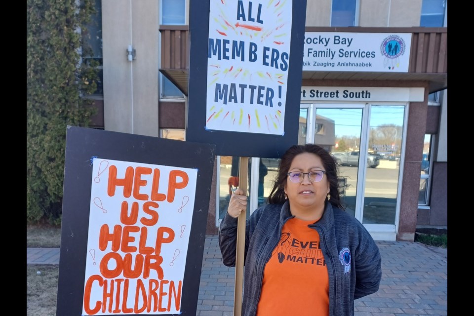 BZA member Amanda Esquega lends her support at the Rocky Bay Child and Family Services office in Thunder Bay on May 8, 2025.