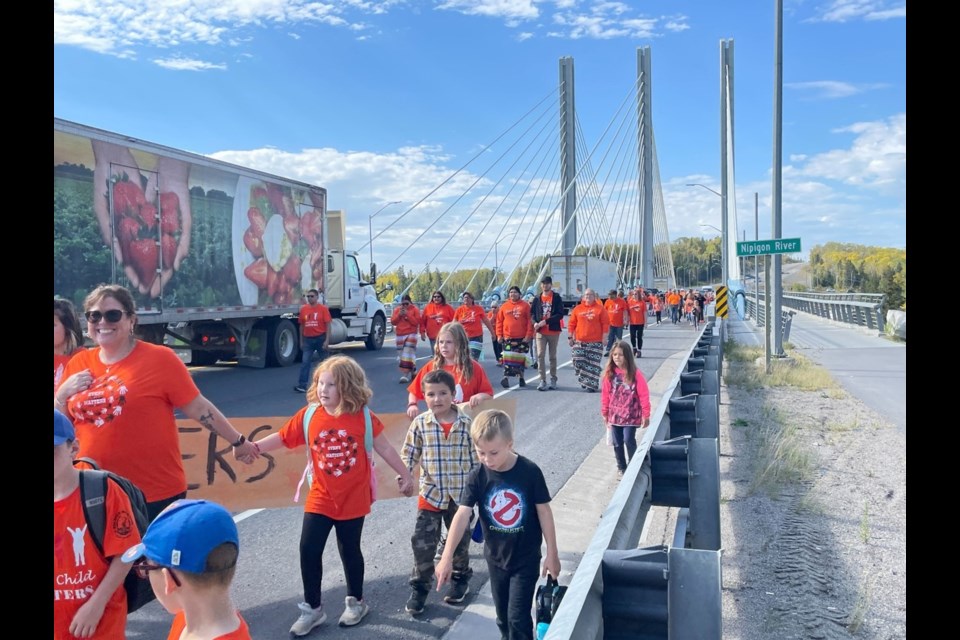 Nipigon community and Red Rock Band come together to walk and honour National Day of Truth and Reconciliation.
photo by Justin Hardy 
SNnewswatch.com