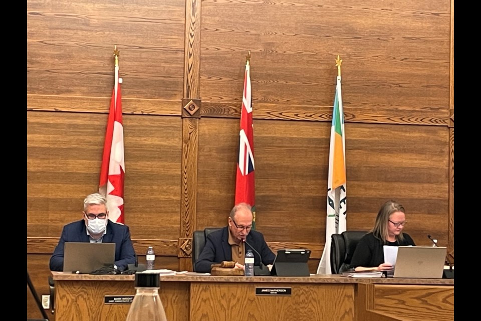 CAO Mark Wright, Mayor James McPherson, and municipal clerk Kristina Miousse at the regular council meeting on Dec. 11, 2023.