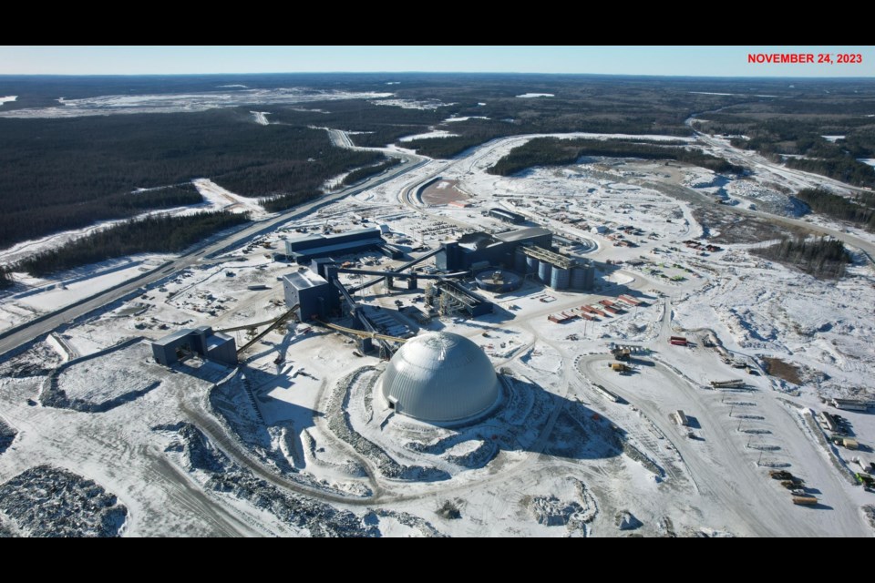 An aerial drone shot of the Greenstone Gold mine showcasing how far construction has come along, taken on Nov. 23, 2023.