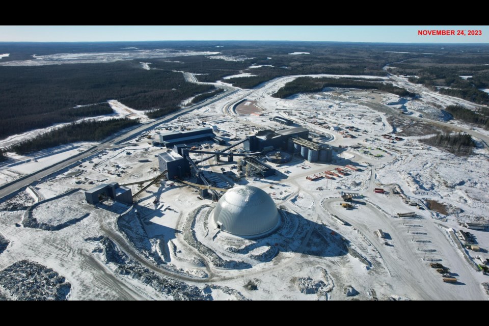 An aerial drone shot of the Greenstone Gold mine showcasing how far construction has come along, taken on November 23, 2023