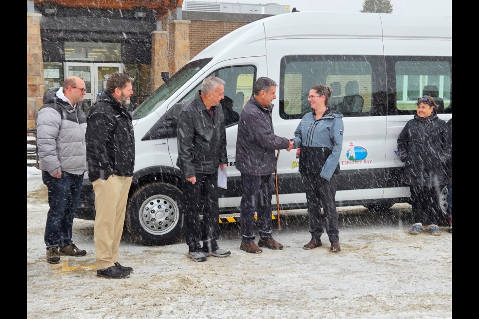 Officials from NOSH, Terrace Bay, and Schreiber gather with the Handi-Transit Joint Committee to inaugurate the newly commissioned van on Dec. 11, 2023.