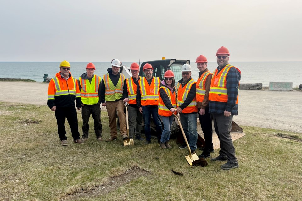 
Pebble Beach Ground Breaking.(left to right) Works, Operations, and Parks Manager Marc Paris, RML Labourer Kaelan Beange, RML Site Foreperson Doug Miedema, Councillor Zack Souckey, Councillor Ray Lake, Student Councillor Keirha Skworchinski, Mayor Rick Dumas, Councillor Greg Vallance, Councillor Todd Wheeler.