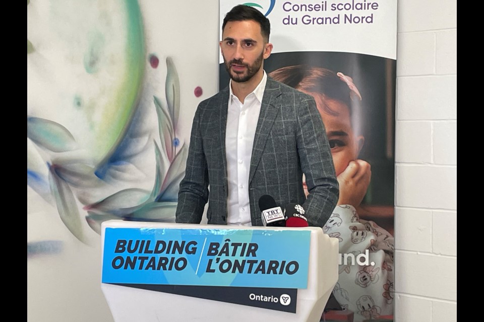 Ontario's Minister of Education, Stephen Lecce, announces funding from the province to create new French student spaces in Marathon on April 25, 2024.