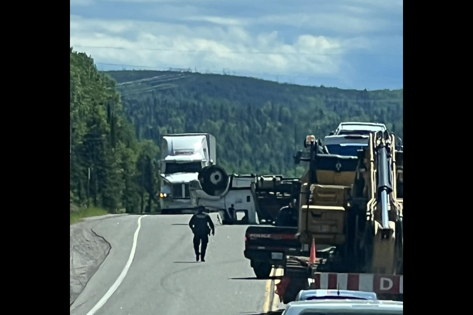 Turned over transport truck on
Hwy 17 North at White Lake 40km north of White River. (Micheal Medaglia/Facebook)