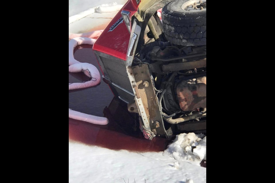 A fuel truck overturned near the Jackfish River, pictured here on March 4, 2024.