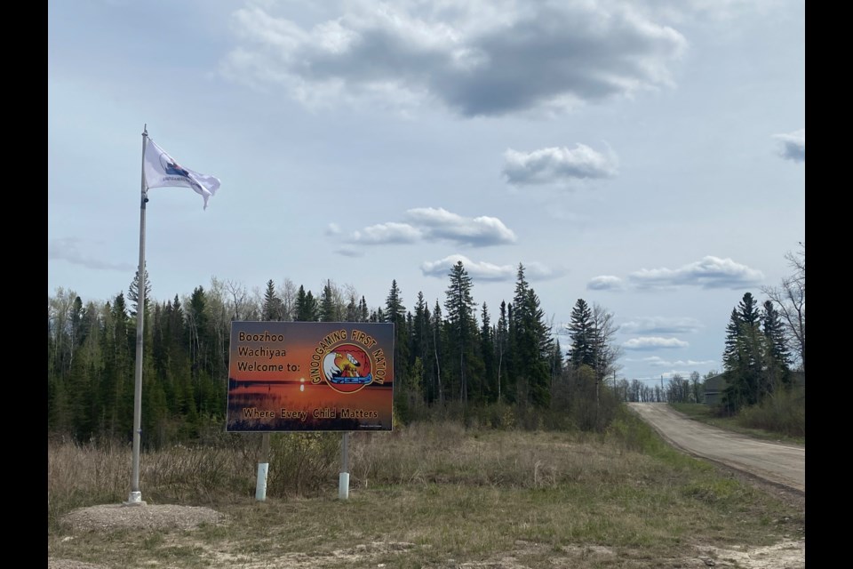 The sign welcoming visitors and community members to Ginoogaming First Nation.