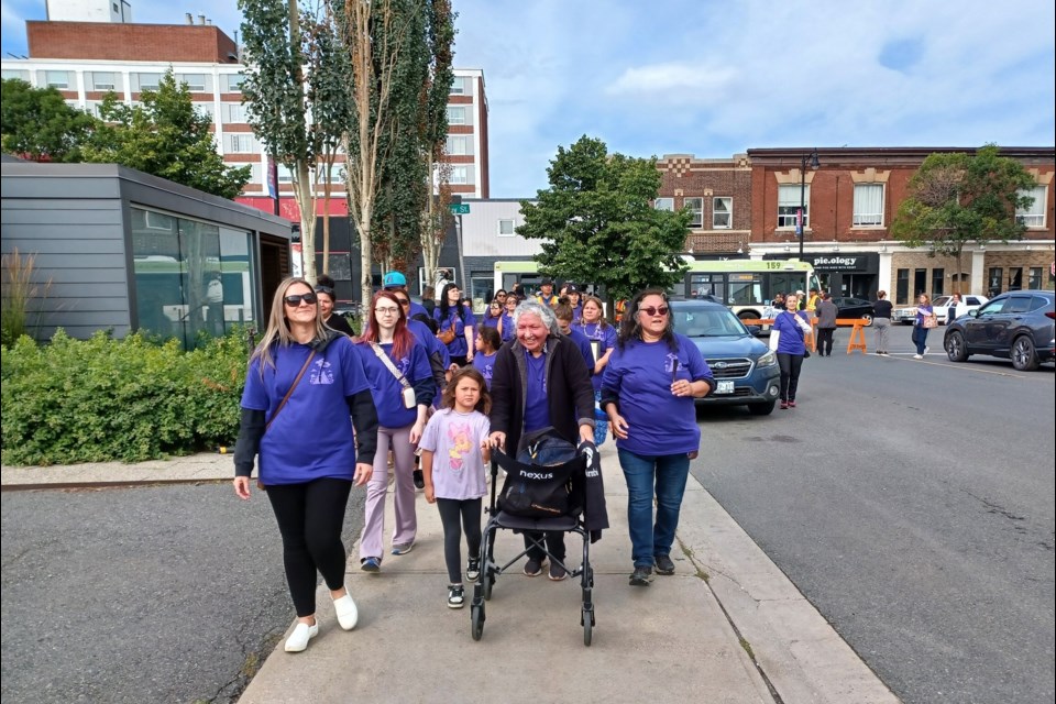 NAN Overdose Awareness walkers arrive at Shelter House on George Street in Thunder Bay on Aug. 27, 2025.