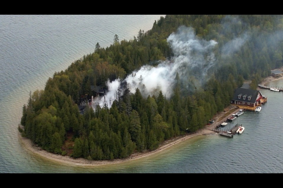 Drone picture of the fire two and a half hours after the call came in about a fire on Boot Island.