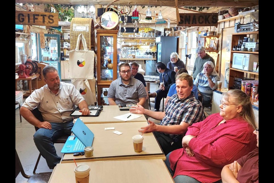 Sen. McBroom, Rep. Prestin join Brimely residents for coffee at Dancing Crane Coffee House to discuss politics Friday, July 14, 2023