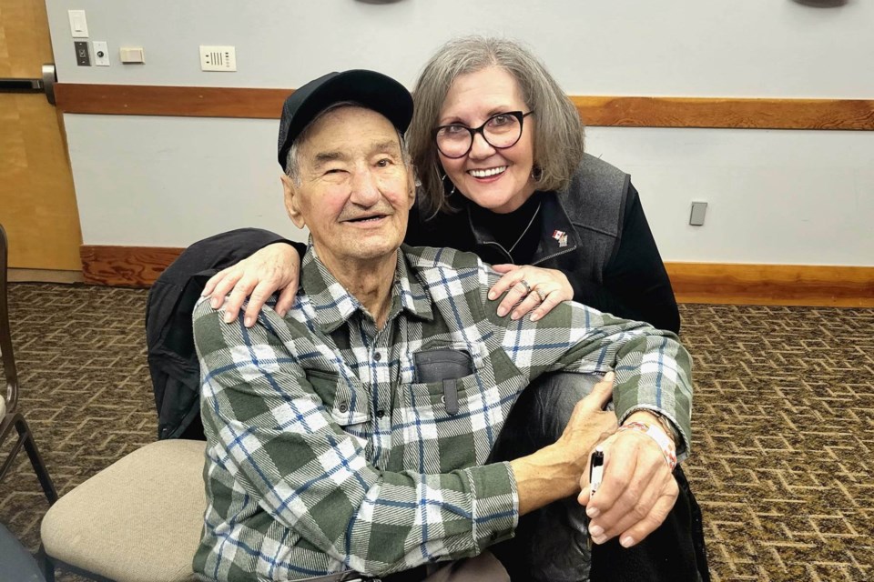 Original I-500 Snowmobile Race board member Frank Talentino, 91, with his daughter, Sault Ste. Marie Convention & Visitors Bureau Executive Director Linda Hoath at the 'Twas the night before the I-500 banquet dinner Friday, Feb. 3, 2023