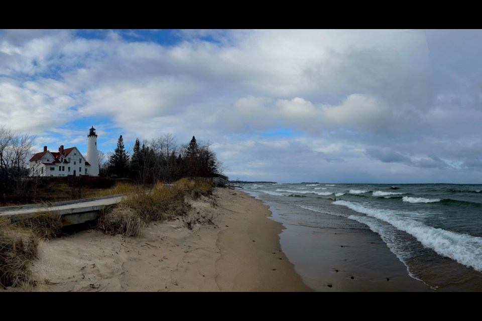 Wicked Wednesday morning winds hit Lake Superior waters at Pt. Iroquois Lighthouse.