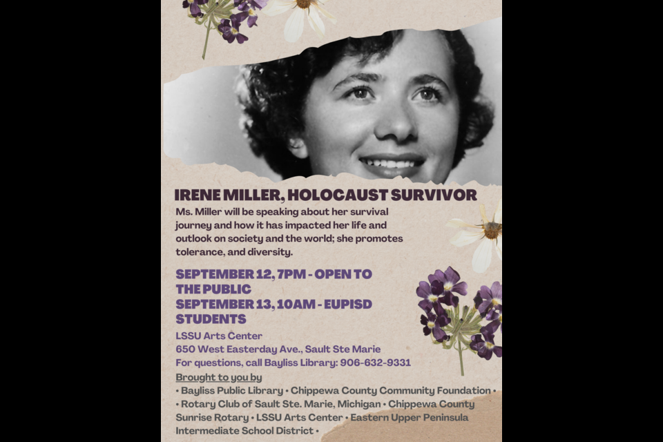 Irene Miller scheduled to speak at the Lake Superior State University Arts Center Monday, September 12 at 7 p.m. and Tuesday, September 13 at 10 a.m.