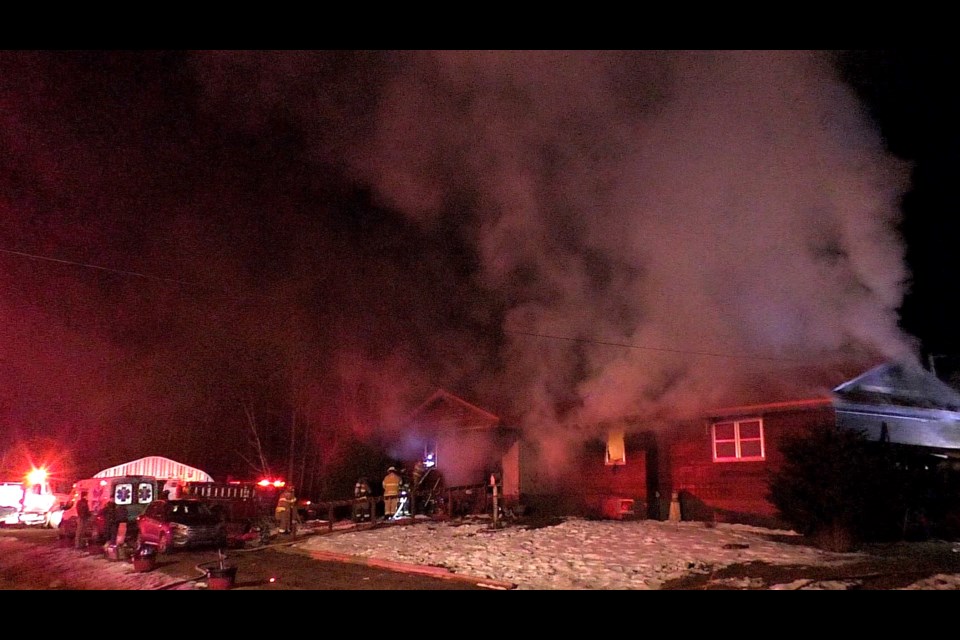 Three fire departments battled the blaze on H-40 just west of Rudyard.