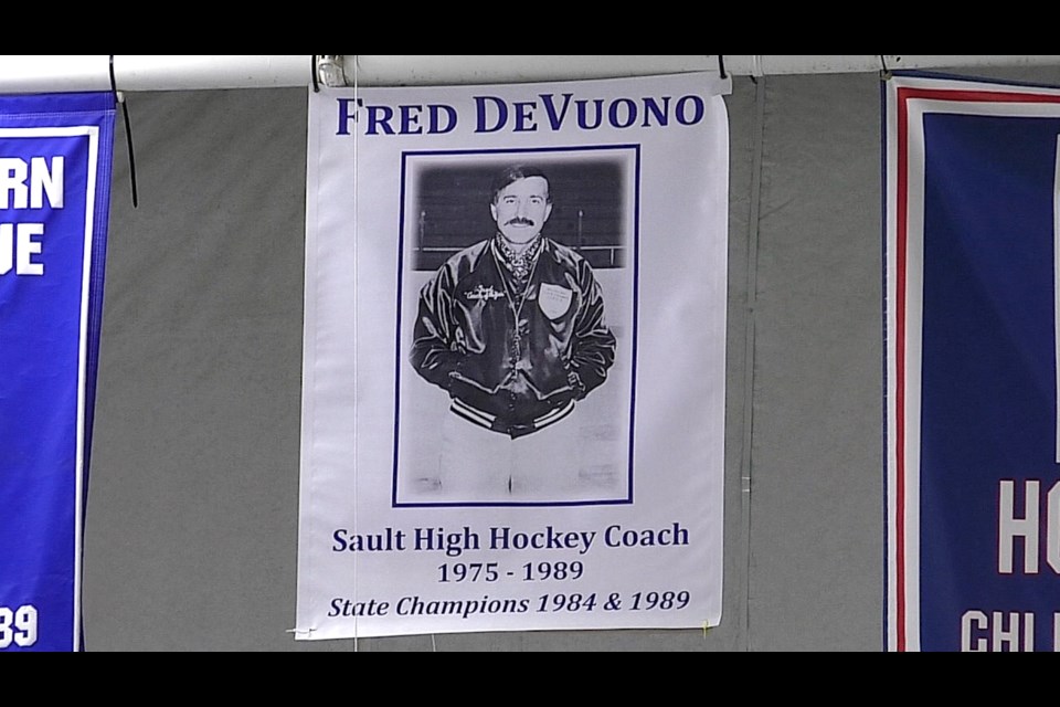 Before the game Saturday, a special banner to recognize and remember former Blue Devil hockey coach Fred DeVuono was unveiled. 