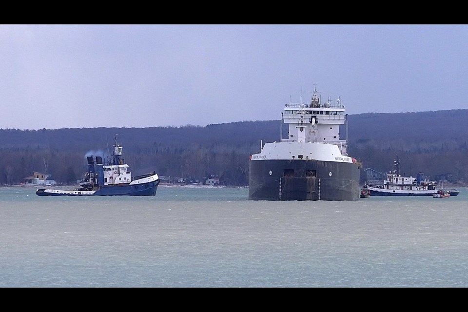 The USCG spent the day on the St. Marys River investigating why the American Mariner struck a navigational aid.