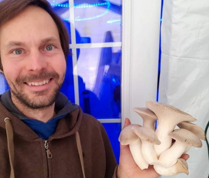 John Findlay proudly showing off a king oyster mushroom behind the blue lights of his fruiting room