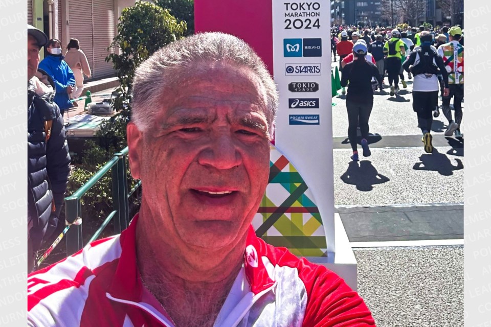 The Sault’s Rick Fall smiled for the camera though suffering from an injured Achilles tendon and completed the annual Tokyo Marathon, March 3, 2024.