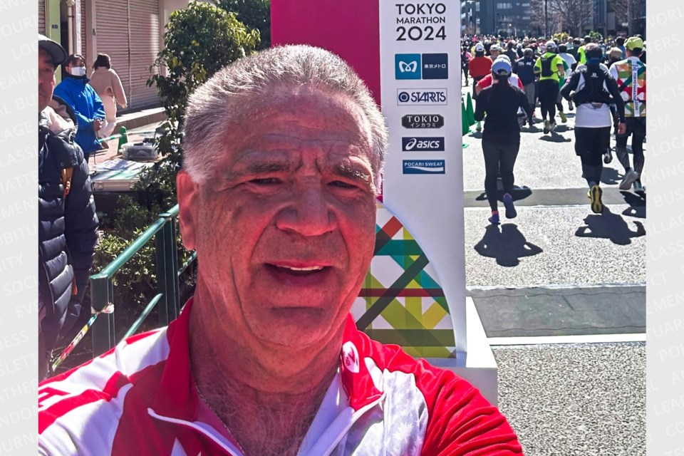 The Sault’s Rick Fall smiled for the camera though suffering from an injured Achilles tendon and completed the annual Tokyo Marathon, March 3, 2024.