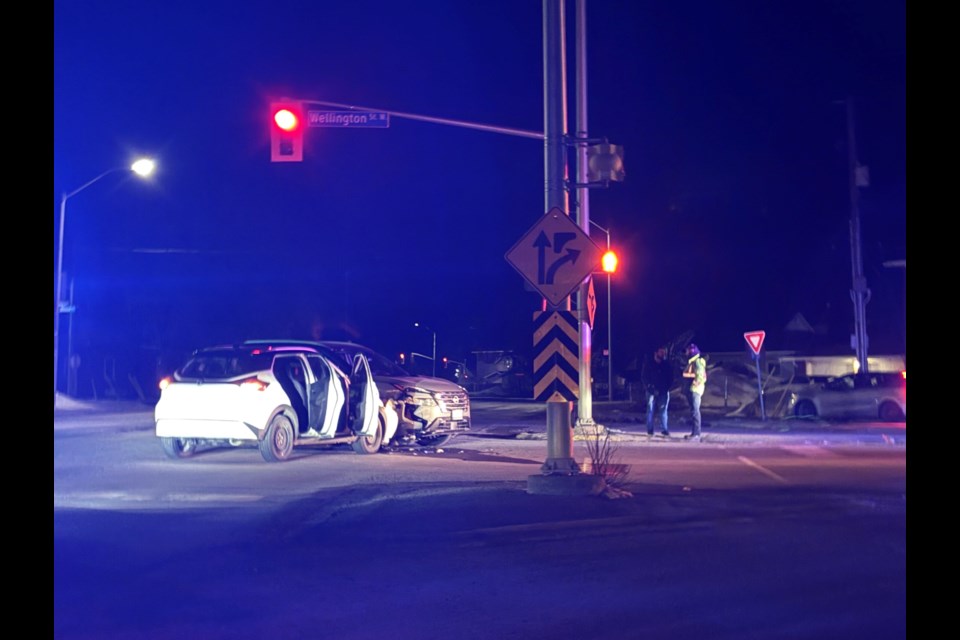 A two-vehicle collision shut down the intersection of Wellington Street West and Lyons Avenue on the evening of April 1, 2025.