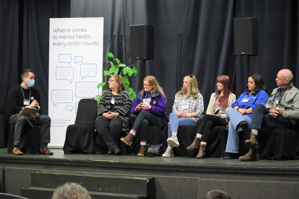 (from left to right) Facilitated by Algoma Public Health's Dr. John Tuinema, Jill McPhee (SOYA), Connie Raynor-Elliot (SOYA president), Brianna Marshall (CMHA), Amy Lebreton (two years clean), Christine Gigliotti (RAAM clinic), and Dr. Robert Maloney (SAH) came together for a panel discussion on the overdose crisis in the Sault at the Shadows of the Mind Film Festival on Feb. 25, 2023.