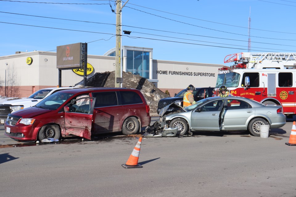 At least one person was taken to hospital after a two-vehicle crash near the intersection of Great Northern Road and Second Line East slowed traffic on Mar. 8, 2023.