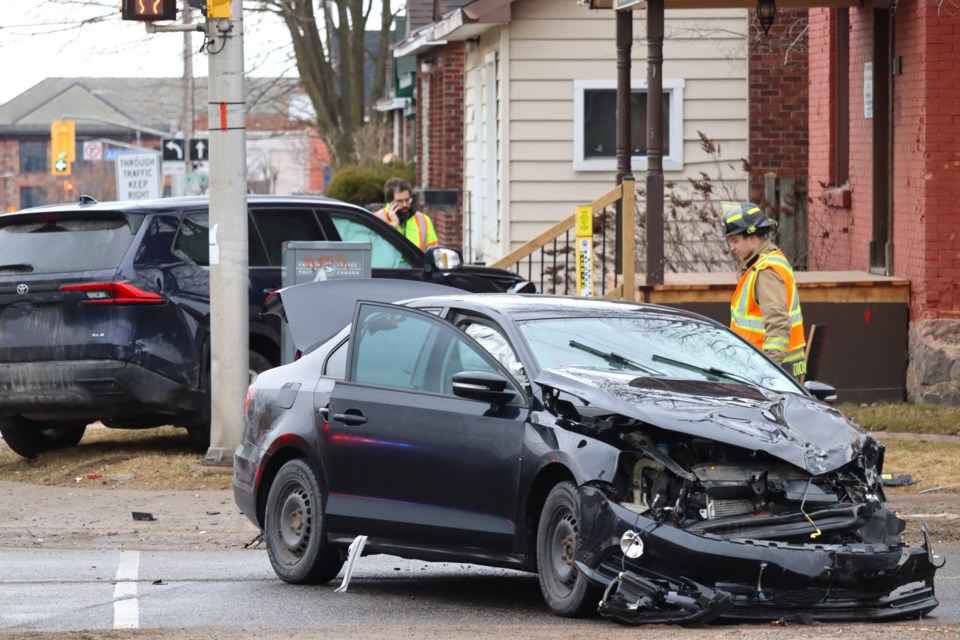Emergency crews responded to a two-vehicle collision at the corner of Bruce Street and Wellington Street East on March 16, 2024.