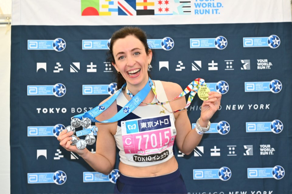 Miranda Ferris is pictured in Tokyo after completing her sixth and final world marathon major, a feat only several hundred Canadians have ever accomplished.