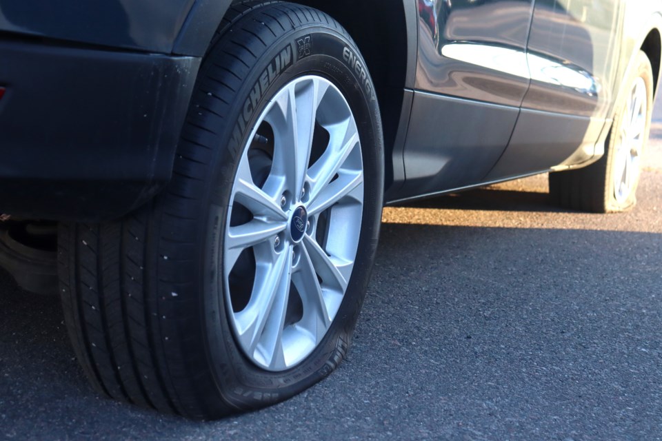 Five vehicles at Deresti Motors on Wellington Street West had every tire slashed at some time between Saturday night and early Sunday morning.