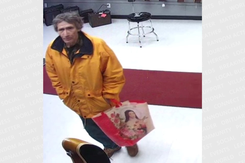 The man pictured above was caught on security footage stealing a lap steel guitar from Case's Music last Saturday. The guitar is a special instrument from the late Jerry Legacy's 300-piece collection that was given to Case's on consignment. 