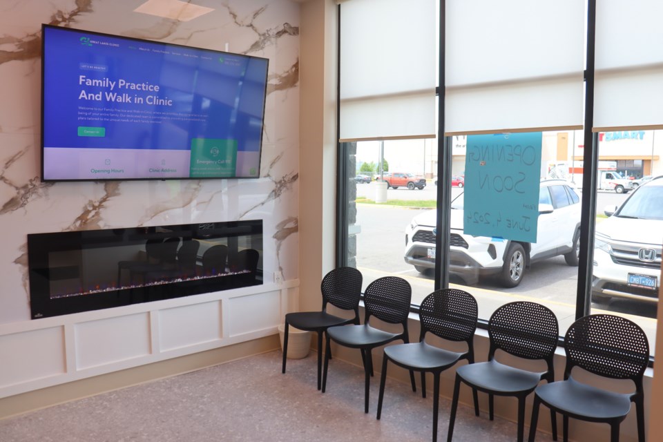 An empty lobby inside the new Great Lakes Clinic on Second Line East will invite patients inside for walk-in services beginning Tuesday. 