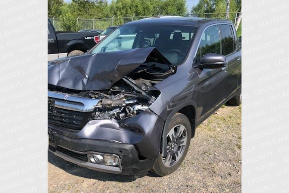 St. Joseph Island couple Brian and Laurie Watkins were unharmed after their pickup truck collided with an elk approximately 30 minutes east of the Sault on Highway 17, leaving their vehicle with severe damages to its front grill and front hood