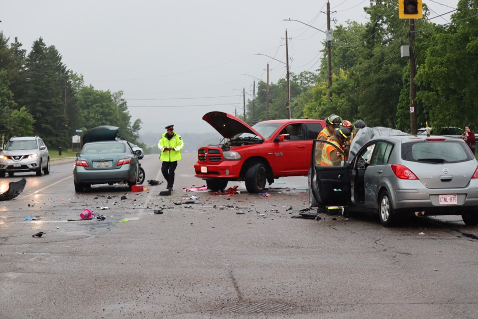 A collision involving several motor vehicles left debris scattered across the intersection at Lake Street and McNabb Street. 