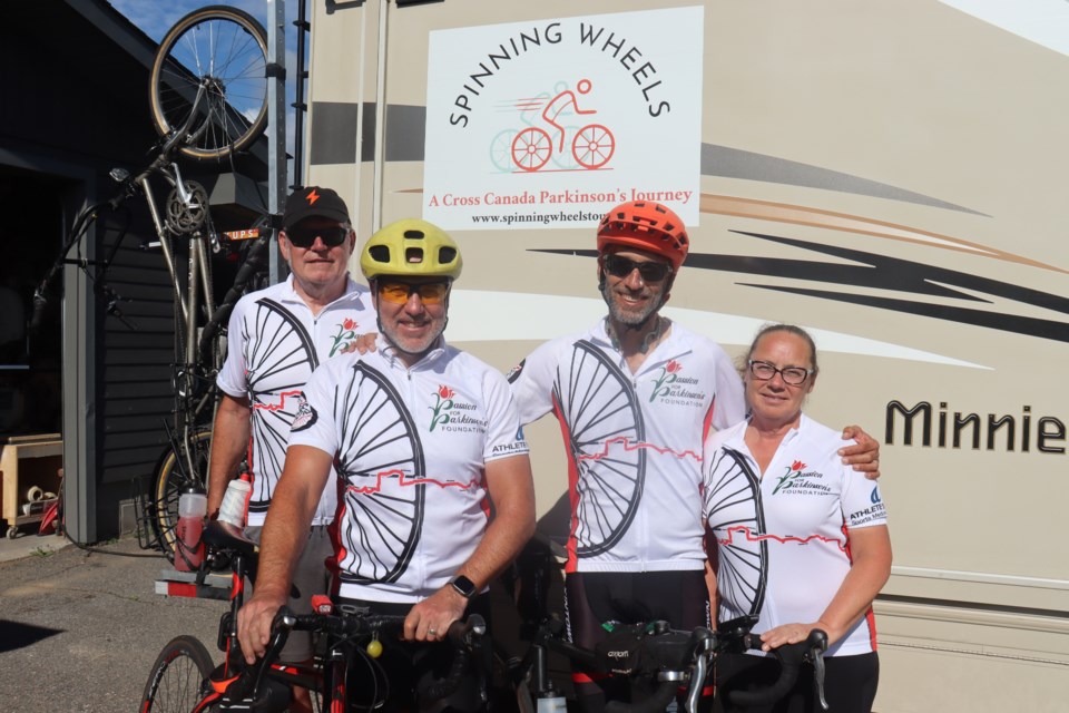 (from left to right) Mike Loghrin, Jim Redmond, Steve Iseman, and Darlene Loghrin biked through the Sault Monday evening as part of the Spinning Wheels Tour in support of Parkinson's disease.