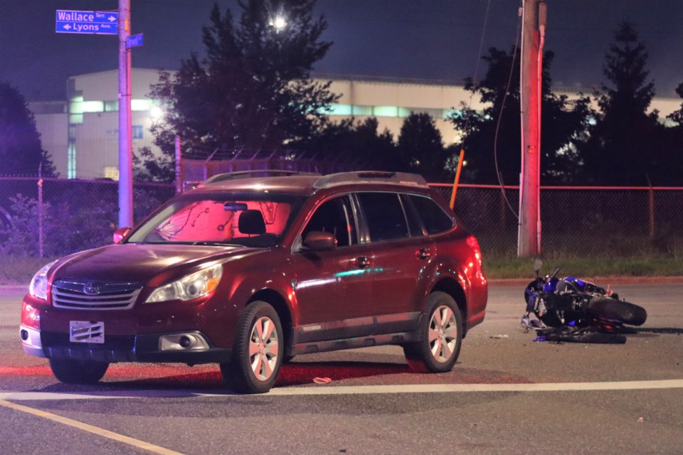 A vehicle and motorcycle collided at the corner of Lyons Avenue and Farwell Terrace around 8:30 p.m. Tuesday