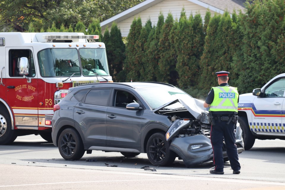 A two-vehicle collision involving a mini-SUV and a commercial truck near the corner of Wellington Street East and Churchill Boulevard slowed traffic Wednesday afternoon.