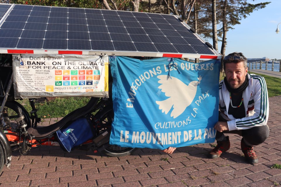 52-year-old climate activist David Ligouy passed through the Sault on his solar powered trike on Tuesday as part of an international mission to spread awareness for climate change, peace, and biodiversity loss. 