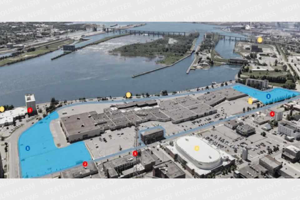 A map of the Sault's downtown and waterfront details two areas in blue where up to 12 condo towers could be constructed as part of the redevelopment plans in and around the Station Mall