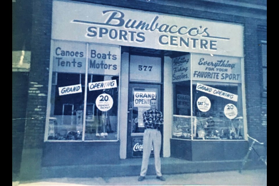 Joe Bumbacco welcomes the city to Bumbacco Sports at its grand opening in 1954. This was one of three locations, the last location was the size of a grocery store.