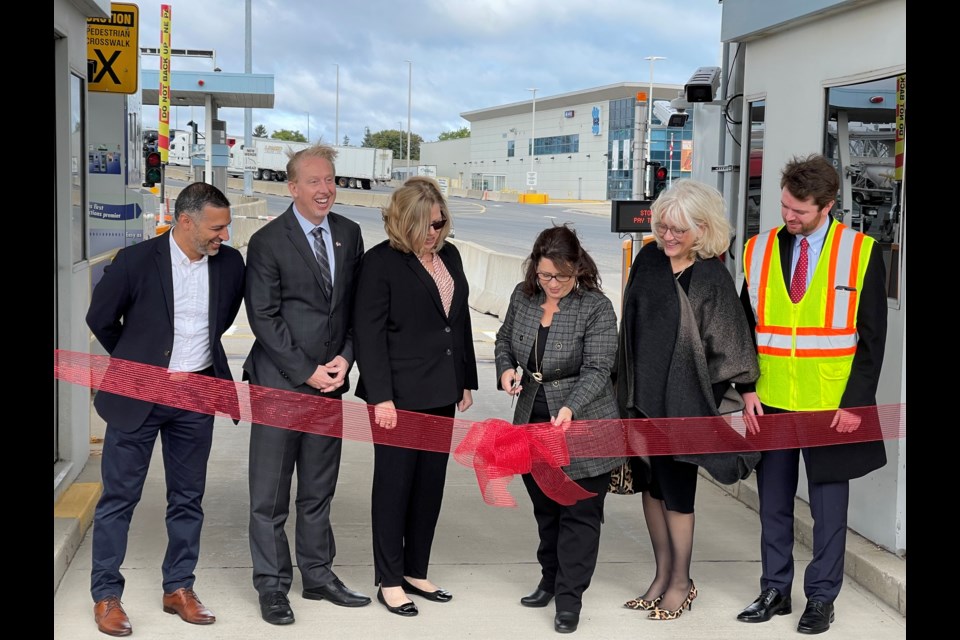 Representatives from the Sault St. Marie International Bridge, The Michigan Department of Transportation (MDOT), Blue Water Bridge, and The Federal Bridge Corporation Limited (FBCL) celebrated the deployment of a new toll system at all three agencies with a ribbon cutting in Point Edward, Ontario, this morning. (FBCL photo)