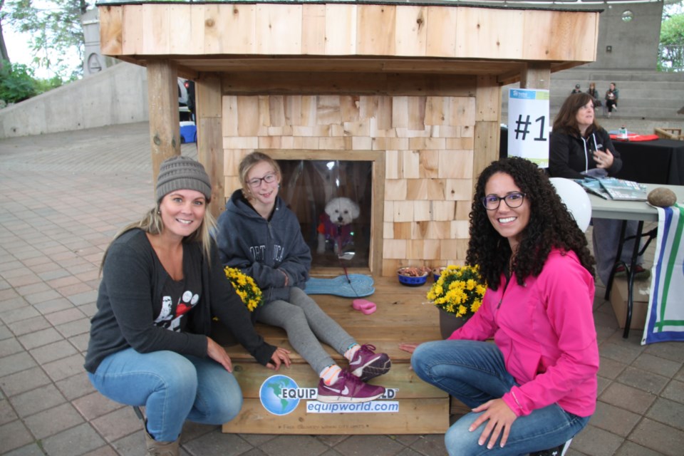 Jamie Moss, Sault Ste. Marie Humane Society volunteer, Julia Biocchi (and Snowball, her Bichon Frise at back) and Katie Blunt, Habitat for Humanity Sault Ste. Marie and Area executive director at the Paw Fest fundraiser held at the Roberta Bondar Pavilion, Sept. 14, 2019. Darren Taylor/SooToday  
