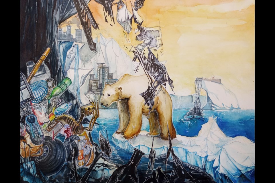 This mixed media work of art by Superior Heights Collegiate Visual Arts student Jisun Lee has earned her an Ontario Secondary School Teachers’ Federation Marion Drysdale Award.