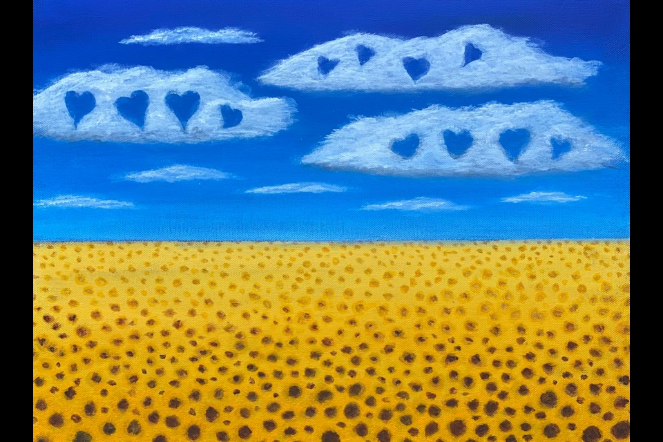 This piece was inspired by the colours and design of the Ukraine flag, yellow on the lower half and blue on upper. Each sunflower, the national flower of Ukraine, represents a life of a child impacted by the war. The whimsical clouds are meant to lighten the burden on the children and the hearts piercing the clouds represent the love the world is shining upon them for a peaceful and hopeful future.