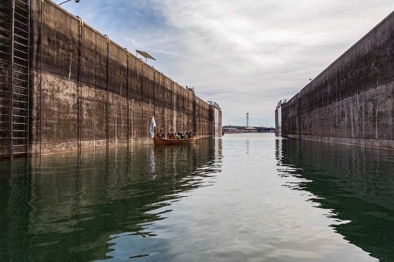 Canoes for Conservation is an initiative of the Lake Superior Watershed Conservancy that takes guests on a traditional birch bark style canoe tour through the locks along the St. Mary's river. Photo by Peter Greve/Bulletin